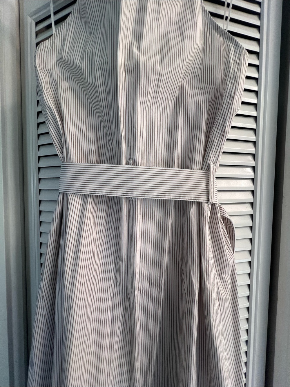 Club Monaco Sleeveless Collared Midi Shirt Dress with Belt - Light Gray Stripe - Picture 2 of 6